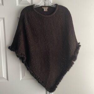 Knit poncho with rabbit fur trim
